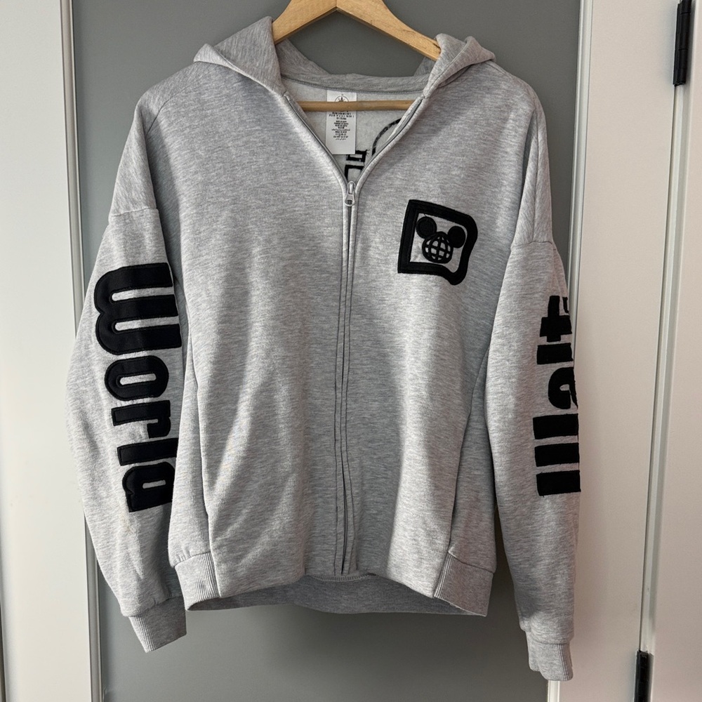 Disney Light Gray Zip Hoodie with Black Graphics